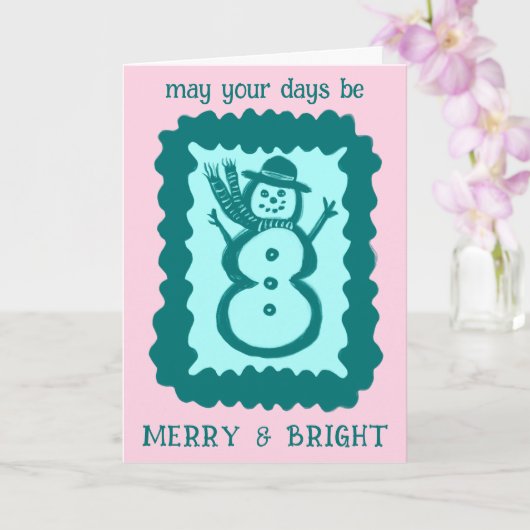 Whimsical Christmas Snowman Merry & Bright Holiday Karte (Orchidee)