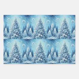 Whimsical Christmas Tree Blue Decoupage Geschenkpapier Set