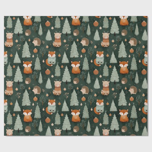 Whimsical Christmas Tree with Red Fox Dark Green Geschenkpapier (Flach)
