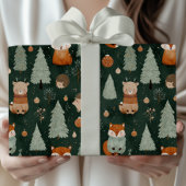 Whimsical Christmas Tree with Red Fox Dark Green Geschenkpapier