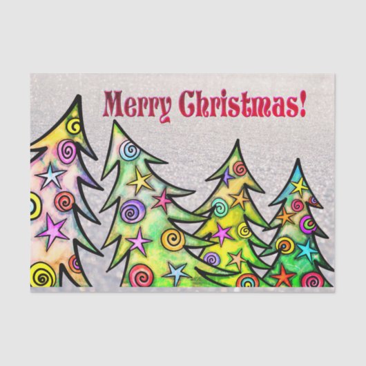 Whimsical Christmas Trees & Birdie Merry Christmas Seidenpapier (Vorderseite)