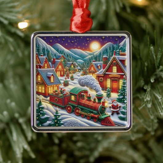 Whimsical Christmas Village Santa & Train Ornament Aus Metall (Baum)