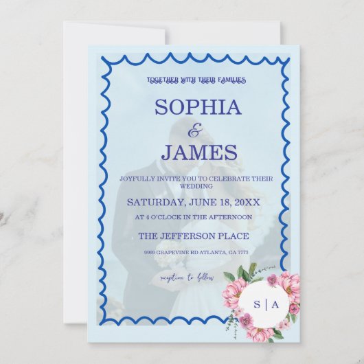 Whimsical Citrus Biue & flower Wedding  Einladung (Vorderseite)