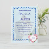 Whimsical Citrus Biue & flower Wedding  Einladung (Stehend Vorderseite)