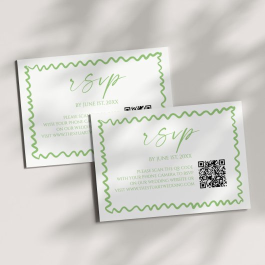 Whimsical Citrus Green Wavy Border QR Code Wedding RSVP Karte