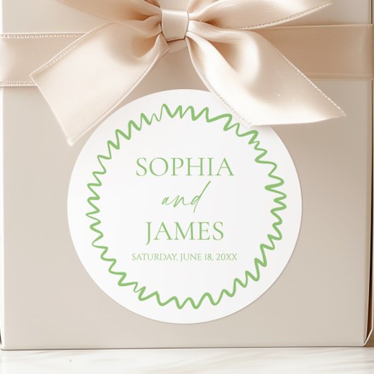 Whimsical Citrus Green Wavy Border Wedding Runder Aufkleber