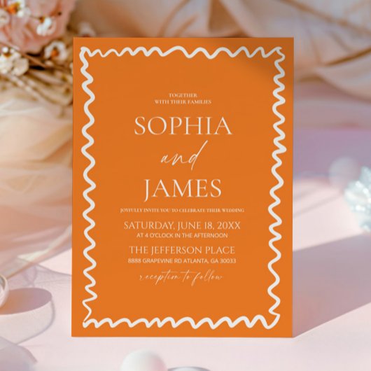 Whimsical Citrus Orange Wavy Border Wedding Einladung