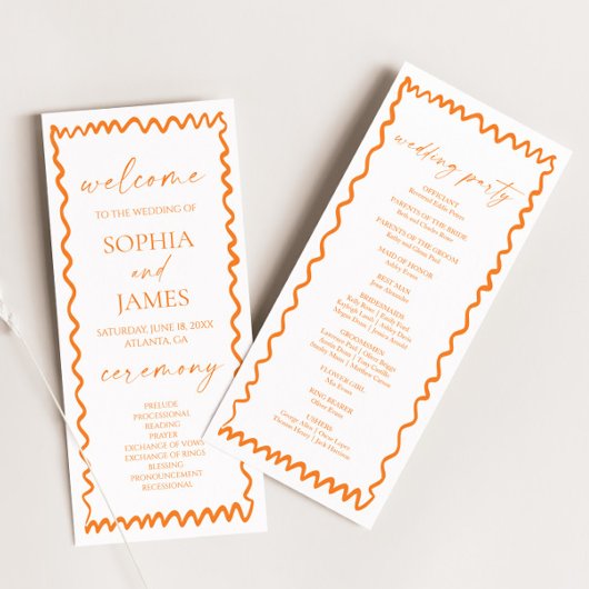Whimsical Citrus Orange Wavy Border Wedding Programm