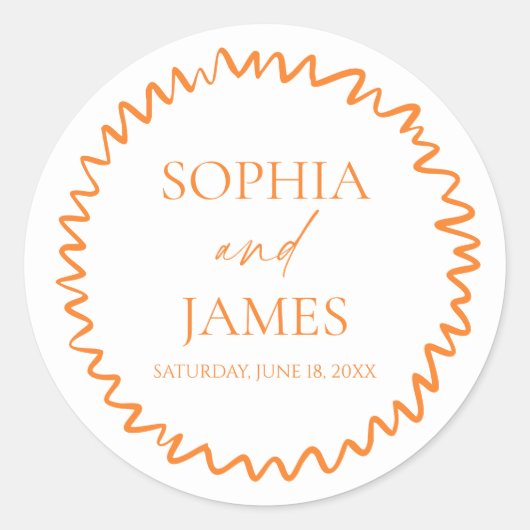 Whimsical Citrus Orange Wavy Border Wedding Runder Aufkleber (Vorderseite)