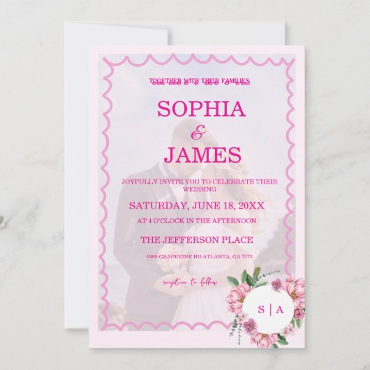 Whimsical Citrus pink & flower Wedding  Invitatio Einladung (Vorderseite)
