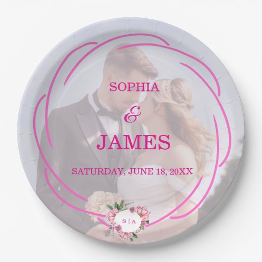 Whimsical Citrus Rosa & Blumen Hochzeitsschild Pappteller (Vorderseite)