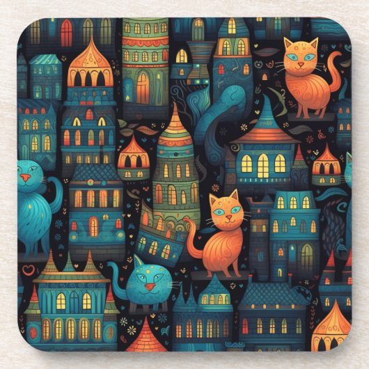 Whimsical City Cats AI Art Getränkeuntersetzer (Vorderseite)