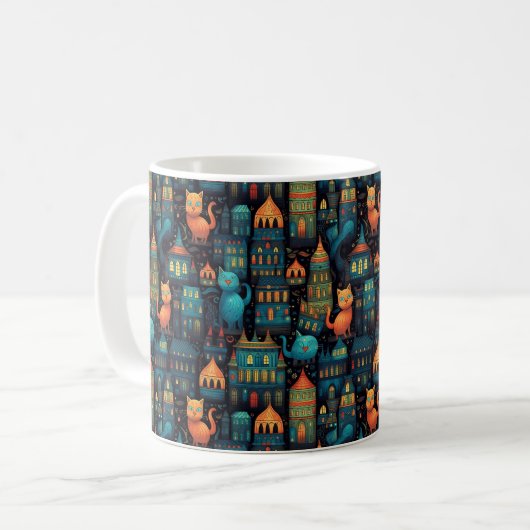 Whimsical City Cats AI Art Kaffeetasse (Vorderseite Links)