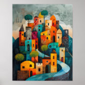 Whimsical City Modern Folk Art Ölgemälde Poster (Vorne)