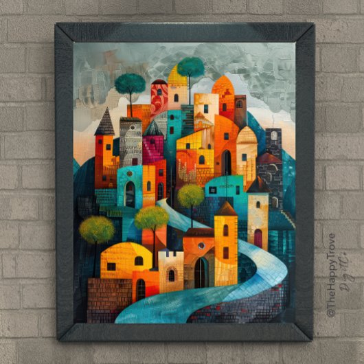 Whimsical City Modern Folk Art Ölgemälde Poster