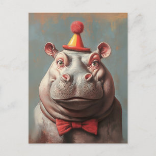 Whimsical Clown Hippo Portrait Postkarte