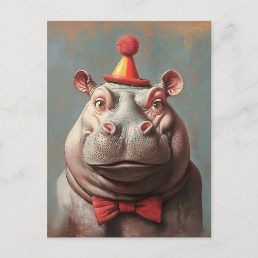 Whimsical Clown Hippo Portrait Postkarte (Vorderseite)