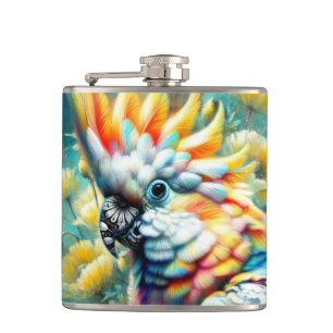 Whimsical Cockatoo Bird Gelbe Papi floral Flachmann