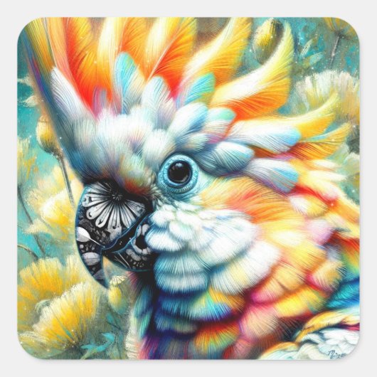 Whimsical Cockatoo Bird Gelbe Papi floral Quadratischer Aufkleber (Vorderseite)