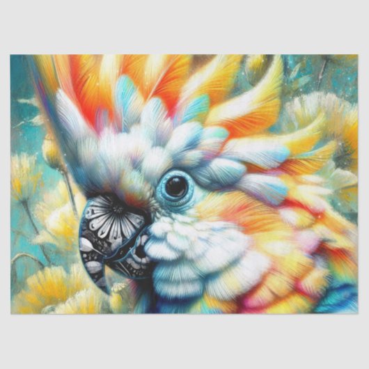 Whimsical Cockatoo Bird Yellow Poppies Decoupage Seidenpapier (Vorderseite)