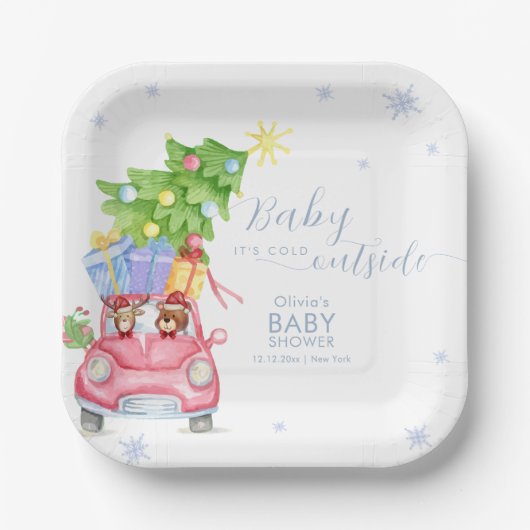 Whimsical Cold Outside Reindeer Bear Baby Shower  Pappteller (Vorderseite)