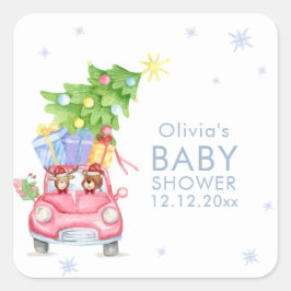 Whimsical Cold Outside Reindeer Bear Baby Shower  Quadratischer Aufkleber