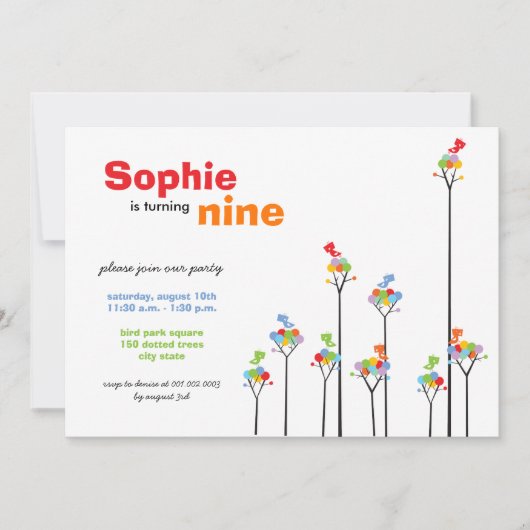 Whimsical Color Dots Vögel Bäume Kinder 9. Geburts Einladung (Vorderseite)