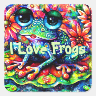 Whimsical Colorful Floral I Liebe Frösche Quadratischer Aufkleber