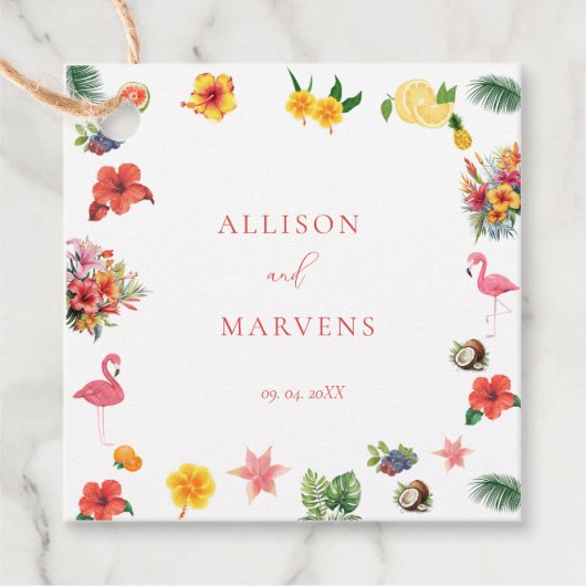 Whimsical Colorful Fun Tropical Flamingle Hochzeit Geschenkanhänger (Vorderseite)