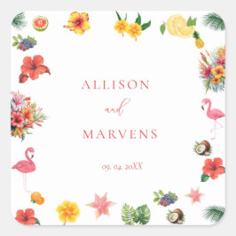 Whimsical Colorful Fun Tropical Flamingle Hochzeit Quadratischer Aufkleber