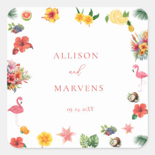 Whimsical Colorful Fun Tropical Flamingle Hochzeit Quadratischer Aufkleber