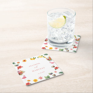 Whimsical Colorful Fun Tropical Flamingle Hochzeit Rechteckiger Pappuntersetzer