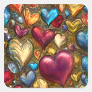 Whimsical Colorful Jewel Toned Herz Print Quadratischer Aufkleber
