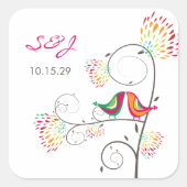 Whimsical Colorful Kissing Summer Birds Wedding Quadratischer Aufkleber (Vorderseite)