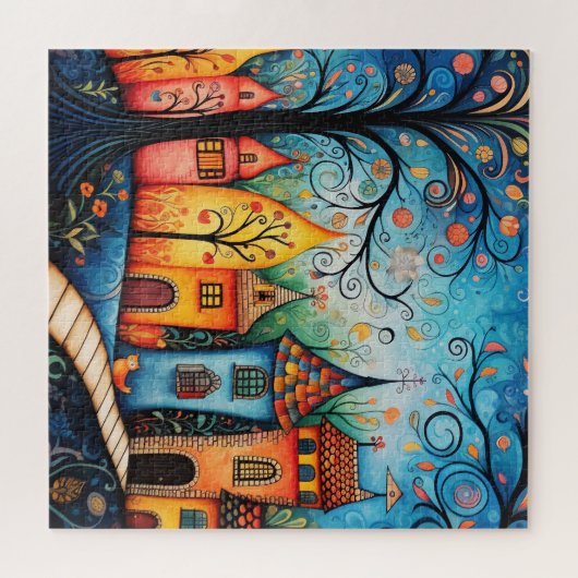 Whimsical Colorful Watercolor Village Puzzle (Horizontal)