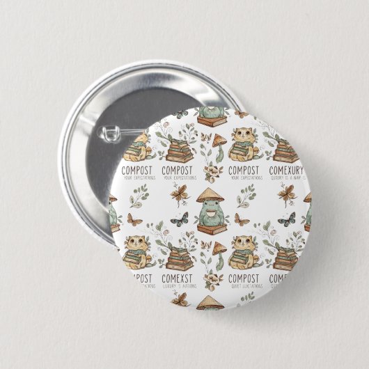 Whimsical "Compost Your Expectations" Frog & Cat P Button (Vorne & Hinten)