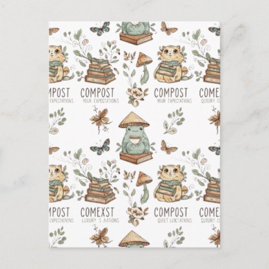 Whimsical "Compost Your Expectations" Frog & Cat P Postkarte (Vorderseite)