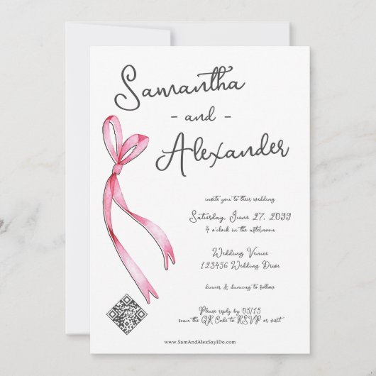 Whimsical Coquette Bow Glam Monogram Wedding Einladung (Vorderseite)