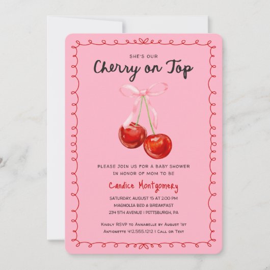 Whimsical Coquette Cherry auf Top Baby Dusche Einladung (Vorderseite)