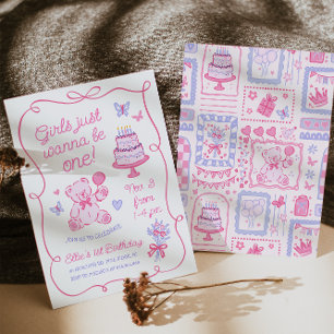Whimsical Coquette Teddy Bär Pink Hand gezogen Einladung