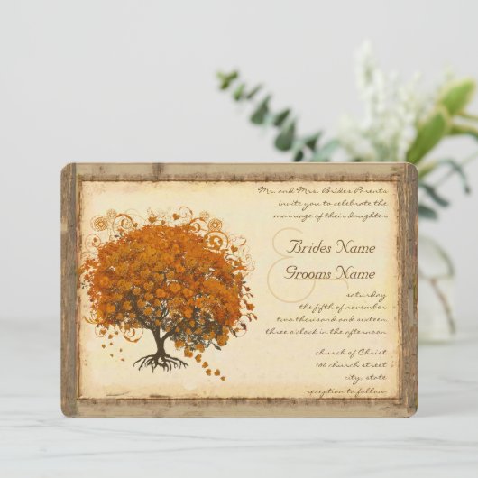 Whimsical Coral Heart Leaf Tree Hochzeitseinladung Einladung (Stehend Vorderseite)