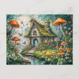 Whimsical Cottage by Stream with Giant Red Mushroo Postkarte