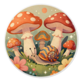 Whimsical Cottage Core Mushrooms and Snail Keramikknauf