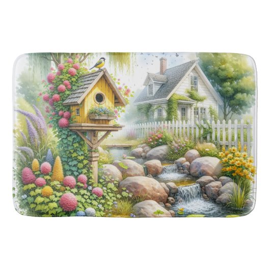 Whimsical Cottage Garden Birdhouse Stream Badematte (Vorderseite)