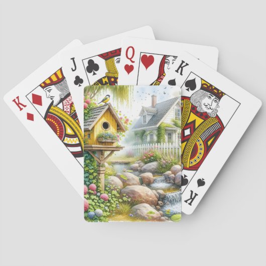 Whimsical Cottage Garden Birdhouse Stream Spielkarten (Rückseite)