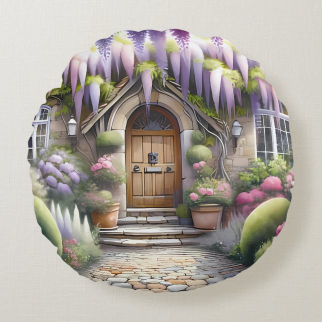 Whimsical Cottage Garden Pathway Rundes Kissen (Vorderseite)
