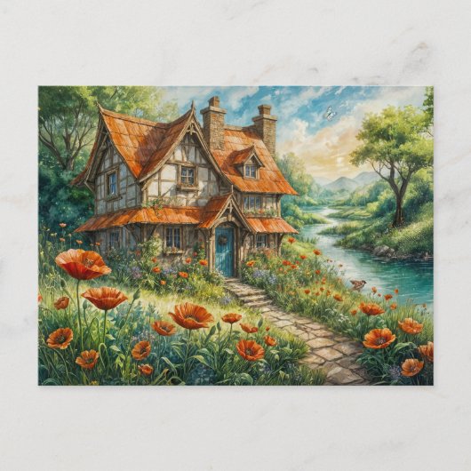 Whimsical Cottage with Poppy Flowers Postkarte (Vorderseite)