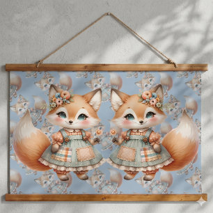 Whimsical Cottagecore Floral Pastell Fuchs Wandteppich Mit Holzrahmen