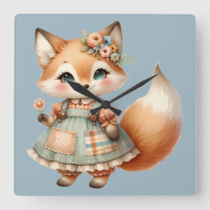 Whimsical Cottagecore Floraler Pastell Fuchs Quadratische Wanduhr