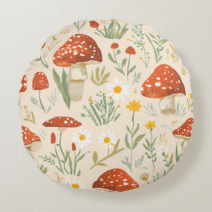 Whimsical Cottagecore Rote Pilz- & Botanik- Rundes Kissen